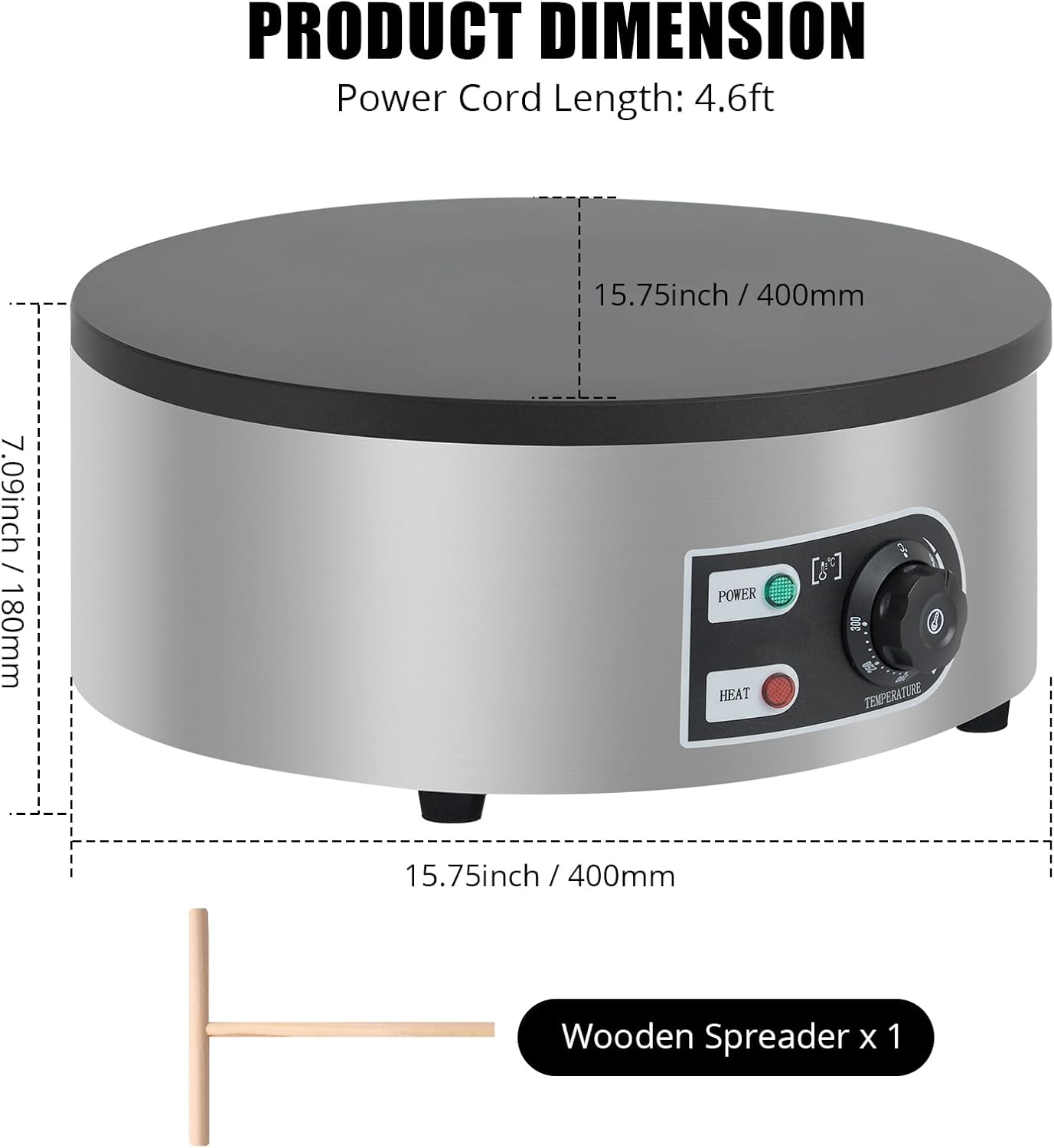 16' Commercial Electric Crepe Maker & Pancake Griddle, 1500W Non-Stick Plate, Stainless Steel Round Base, Adjustable Temp Control, 110V for Crepes Blintzes Eggs Bacon