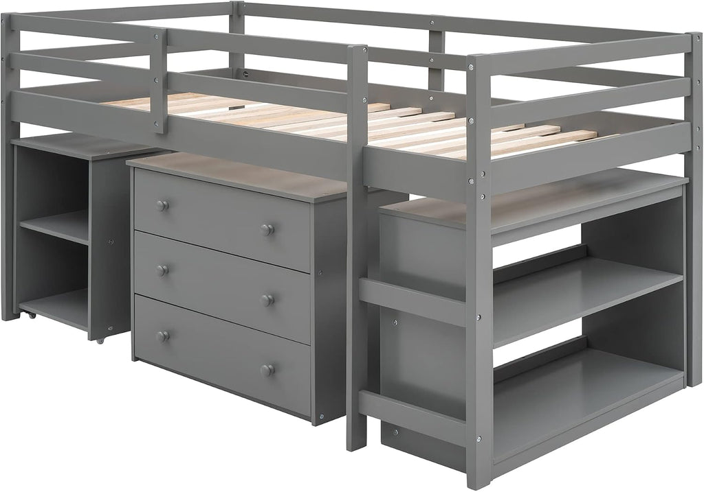 Harper & Bright Designs Twin Size Low Loft Bed with Desk and Storage Cabinet, Wooden Low Study Loft Bed with Drawers, for Kids Teens Girls Boys - Gray
