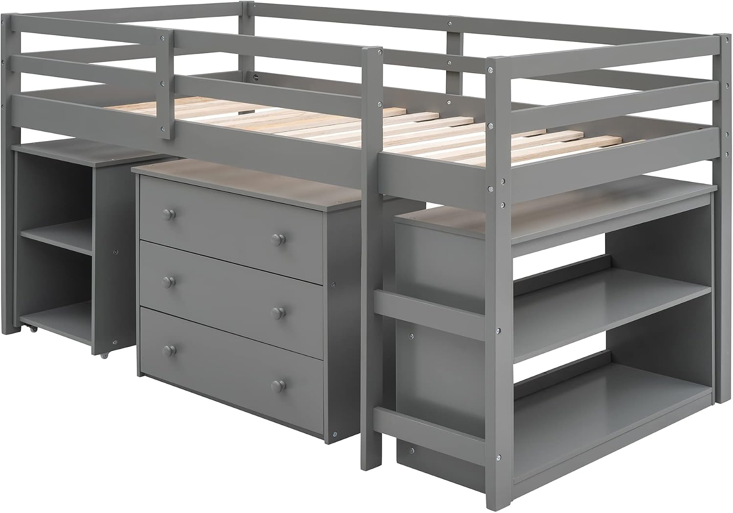 Harper & Bright Designs Twin Size Low Loft Bed with Desk and Storage Cabinet, Wooden Low Study Loft Bed with Drawers, for Kids Teens Girls Boys - Gray
