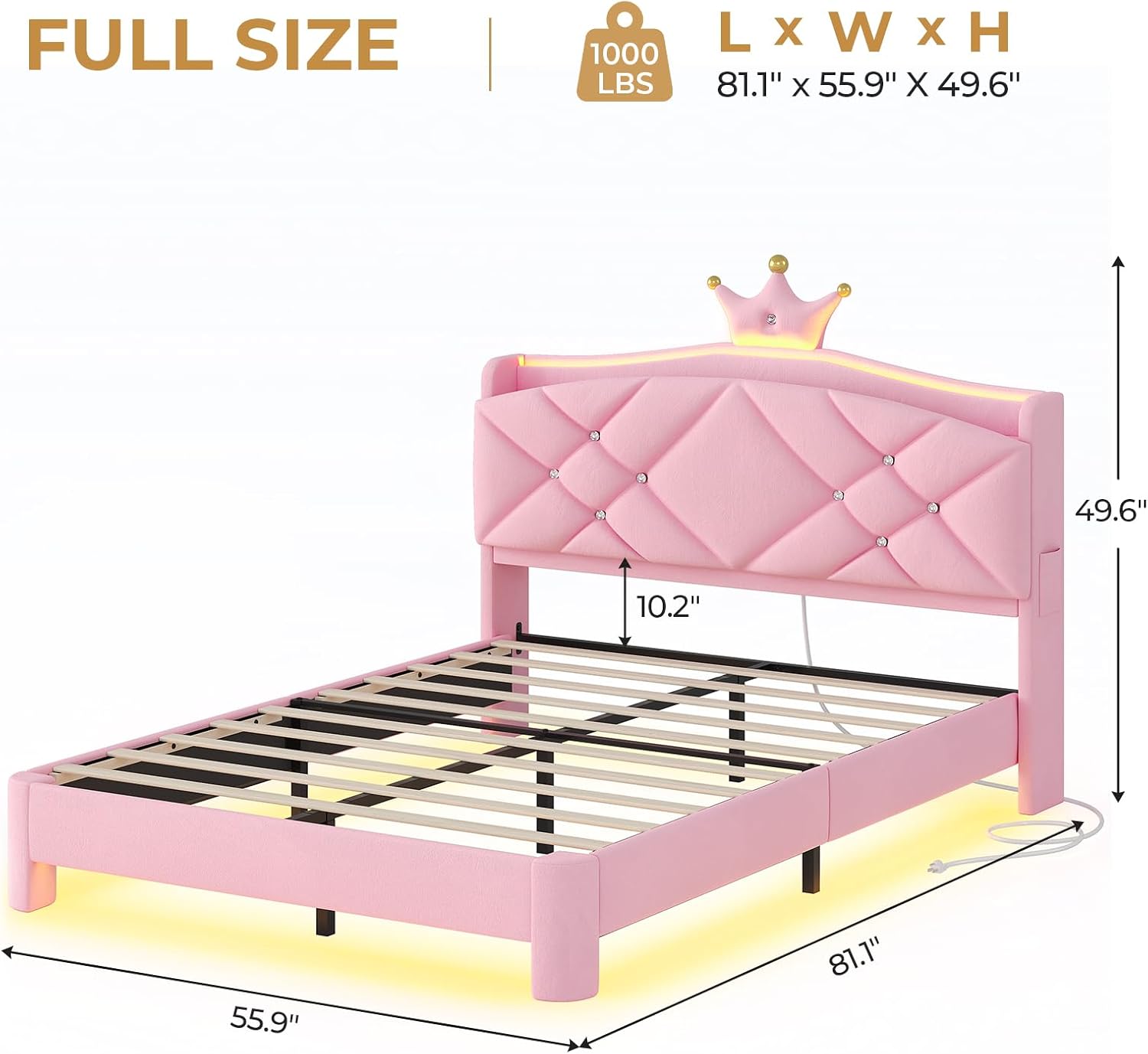 MSmask Full Bed Frame with LED Lights, Princess Upholstered Bed with Headboard with Charging Station & Crystal Button & Crown, Velvet Platform Bed for Girls, Solid Wood Slats, Curved Legs, Pink