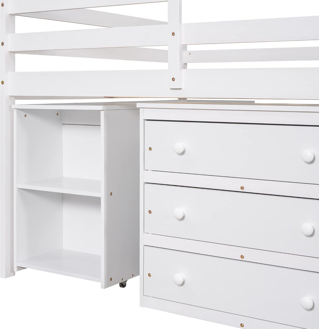 Harper & Bright Designs Full Size Low Loft Bed with Rolling Portable Desk and Storage, Solid Wood Low Loft Bed with Cabinet, Shelves, Multiple Functions Loft Bed Frame for Kids Teens Adults (White)