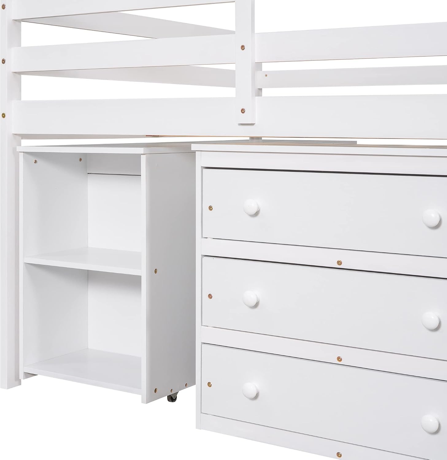 Harper & Bright Designs Full Size Low Loft Bed with Rolling Portable Desk and Storage, Solid Wood Low Loft Bed with Cabinet, Shelves, Multiple Functions Loft Bed Frame for Kids Teens Adults (White)