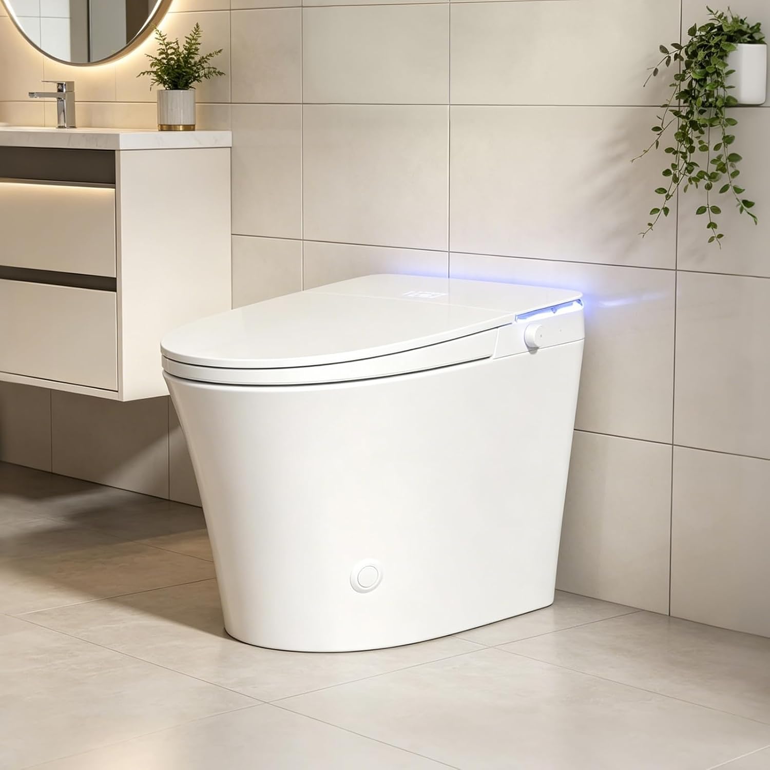 Smart Toilet with Auto Open/Close Lid - Warm Water Bidet, ADA Comfort Height Heated Seat, Dryer, Night Light, Foam Shield, Dual Auto Flush, Foot Sensor, Modern Elongated One-Piece Toilet