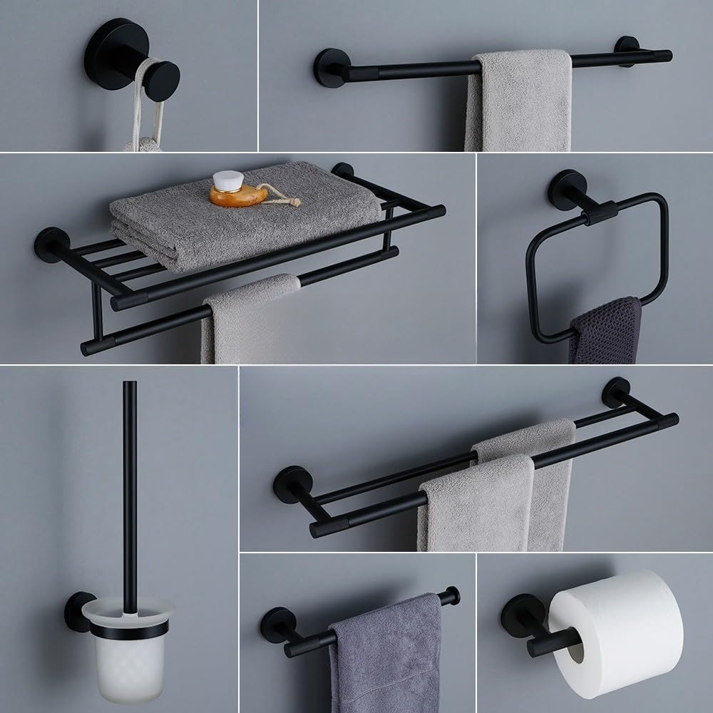 Modern Matte Black Bathroom Hardware Set with Towel Bar Bath Robe Hook Brass Knur Shelf Paper Tissue Holder Stylish Bathroom Accessories Kit for Towels and More