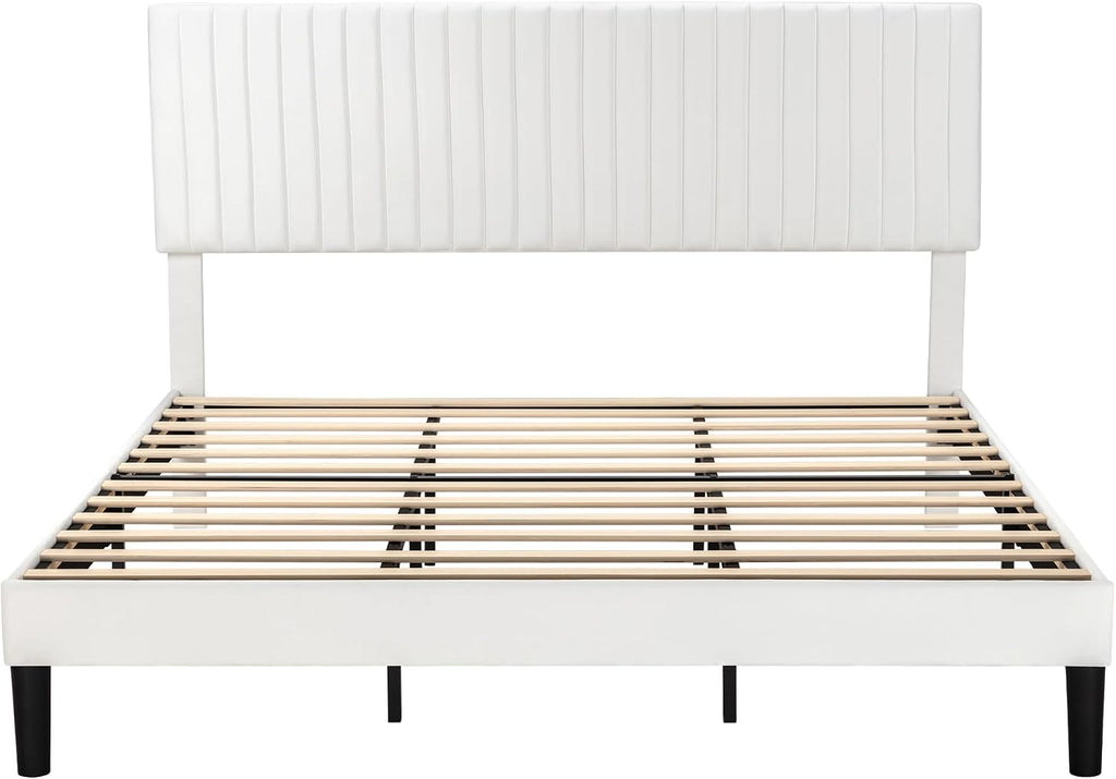 Allewie King Bed Frame, Velvet Upholstered Platform Bed with Adjustable Vertical Channel Tufted Headboard, Mattress Foundation with Strong Wooden Slats, Box Spring Optional, Easy Assembly, Off-White