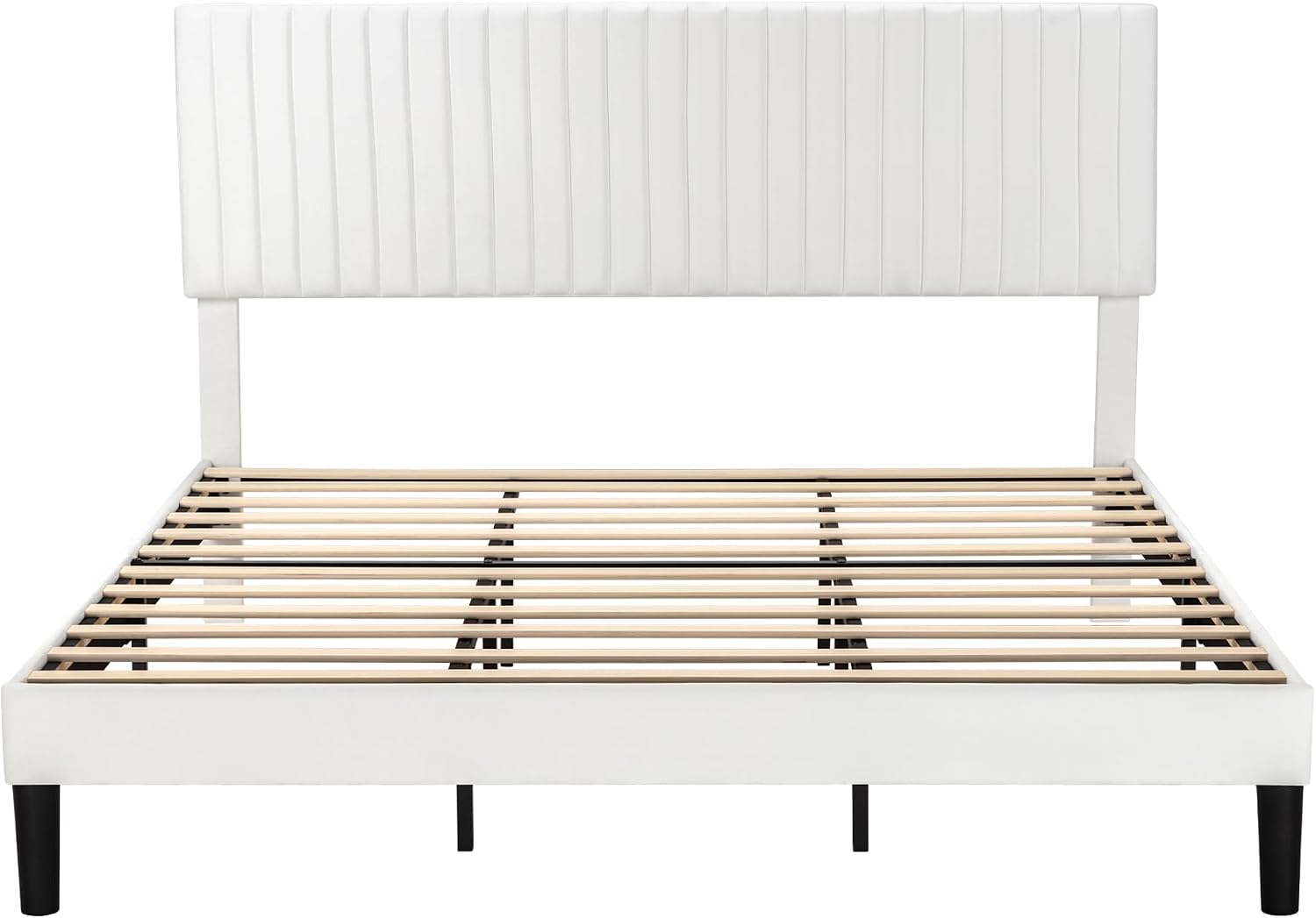 Allewie King Bed Frame, Velvet Upholstered Platform Bed with Adjustable Vertical Channel Tufted Headboard, Mattress Foundation with Strong Wooden Slats, Box Spring Optional, Easy Assembly, Off-White