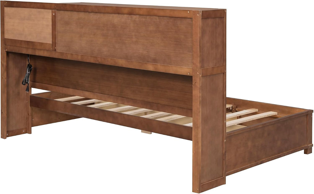 Merax Twin Size Wooden Daybed with 3 Storage Drawers,Headboard with Shelf,A Set of Sockets and USB Ports,Brown