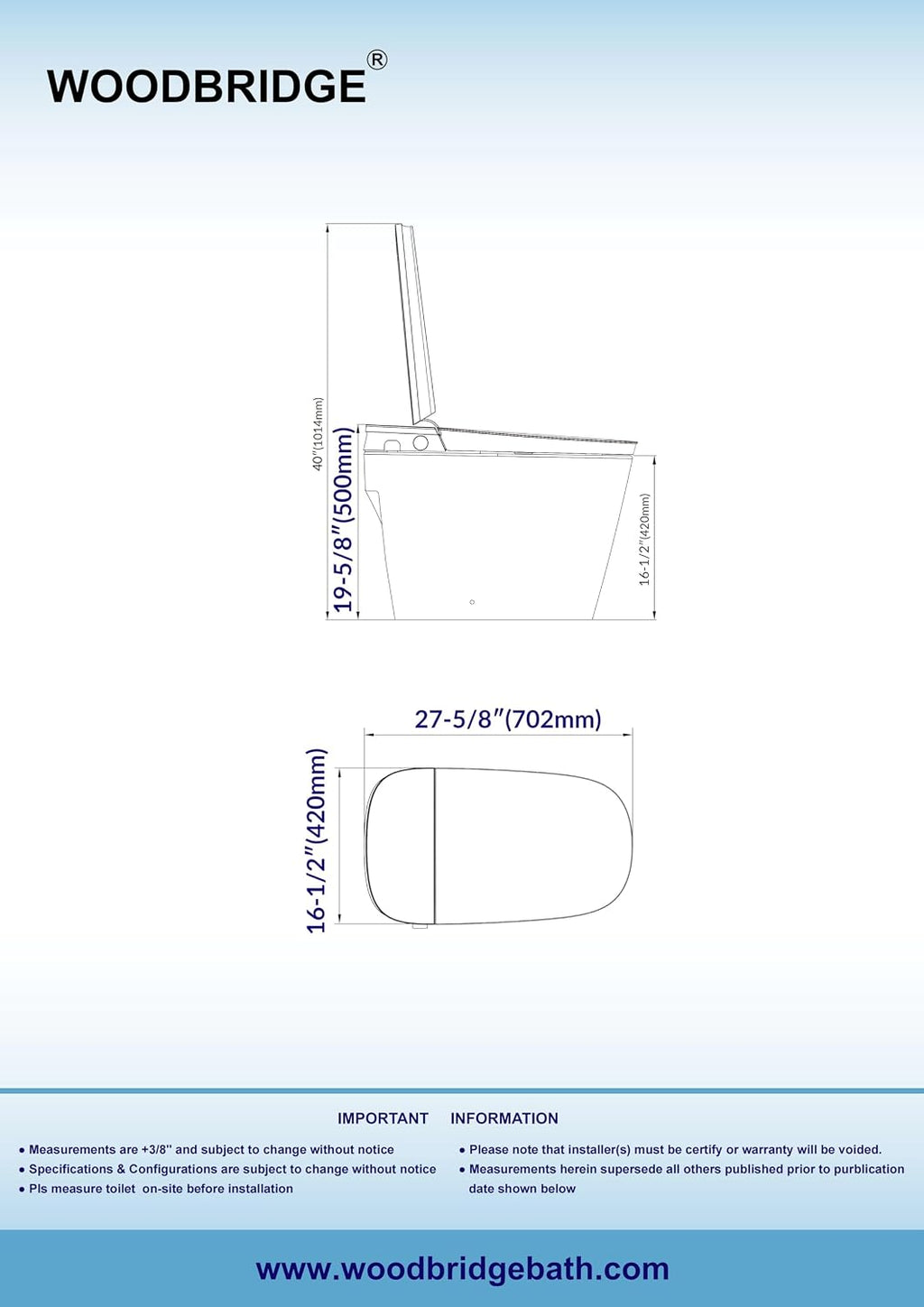 WOODBRIDGE Smart Toilet with 1000g MaP Flush Score, Foam Shield, Moving Dryer, Blackout Flush, ADA Comfort Chair Height, Auto Open & Close,Heated Seat, EBT350