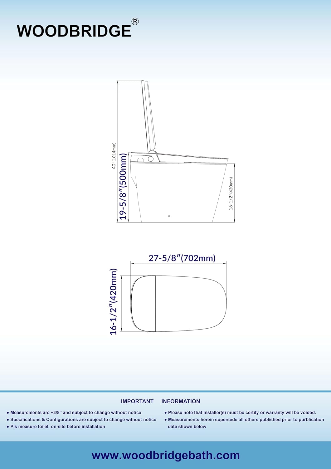WOODBRIDGE Smart Toilet with 1000g MaP Flush Score, Foam Shield, Moving Dryer, Blackout Flush, ADA Comfort Chair Height, Auto Open & Close,Heated Seat, EBT350