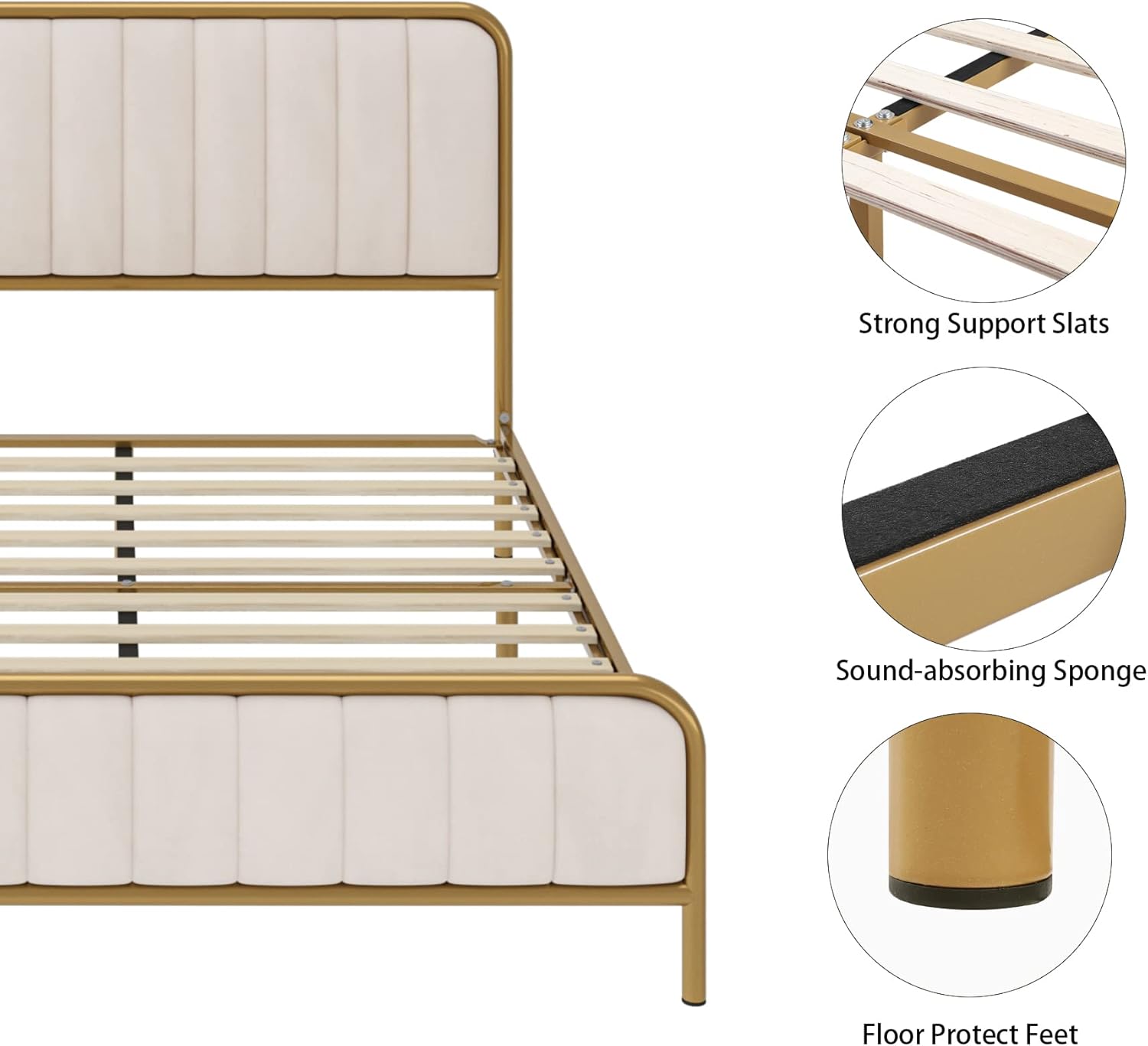 HITHOS Full Size Bed Frame with Button Tufted Headboard, Upholstered Heavy Duty Metal Mattress Foundation with Wooden Slats, Easy Assembly, No Box Spring Needed (Golden/Off White, Full)