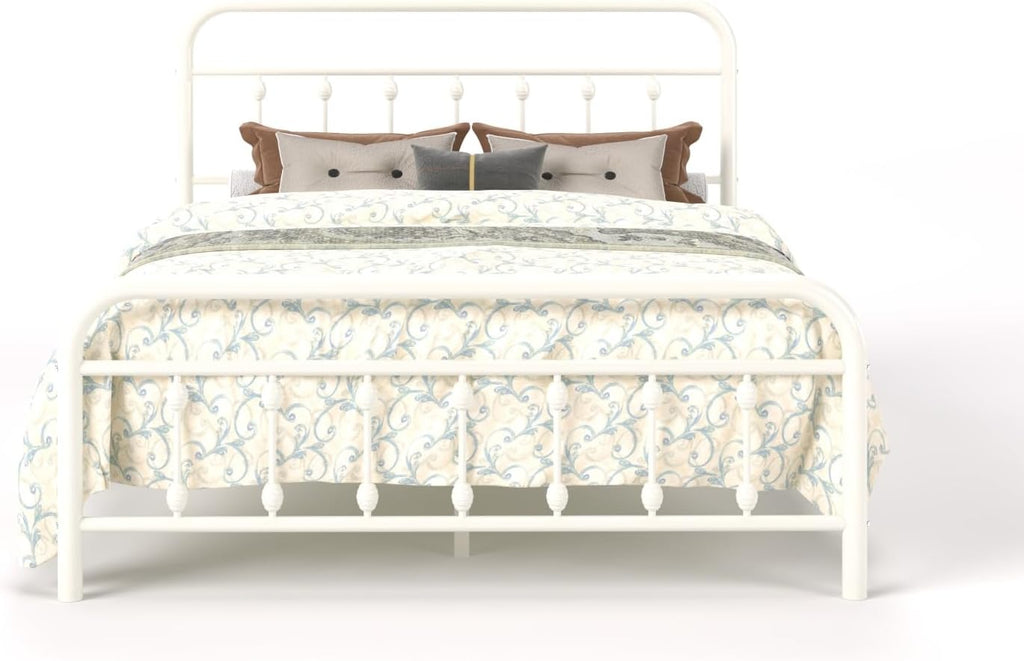 SHA CERLIN Full Size Metal Platform Bed Frame with Victorian Style Iron-Art Headboard and Footboard, Easy Assembly, Under Bed Storage, No Box Spring Required, Off White