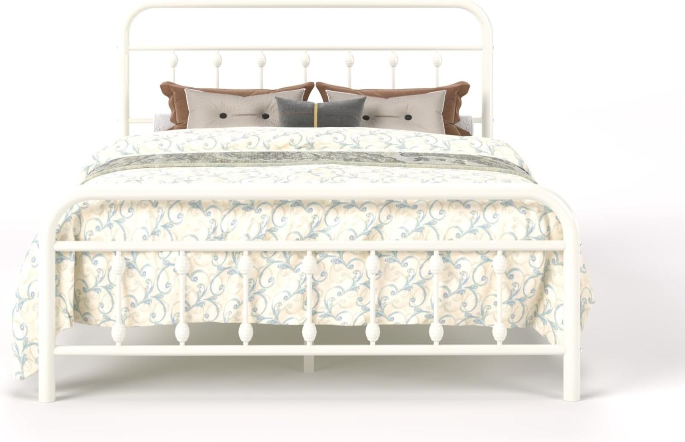 SHA CERLIN Full Size Metal Platform Bed Frame with Victorian Style Iron-Art Headboard and Footboard, Easy Assembly, Under Bed Storage, No Box Spring Required, Off White