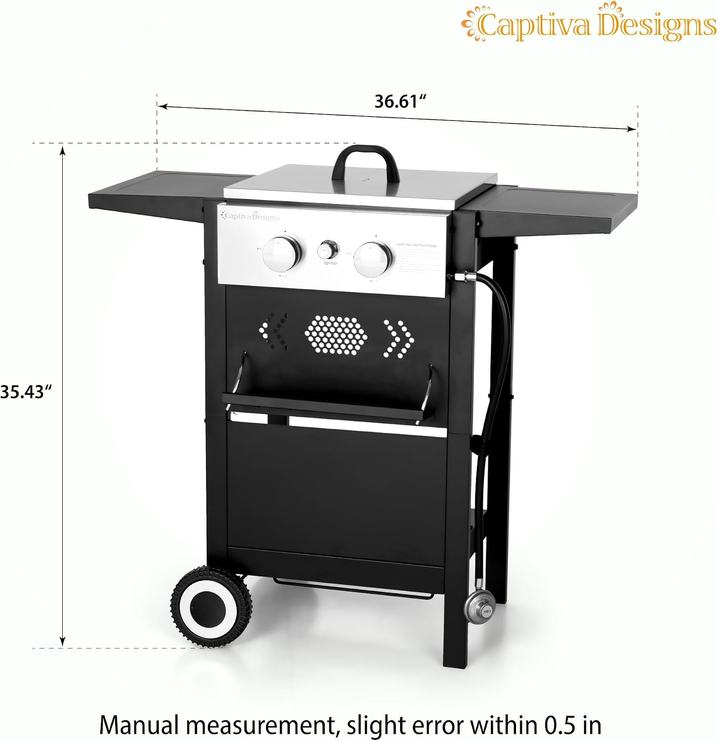 Captiva Designs 2-Burner Propane Gas BBQ Grill with Cast Iron Griddle Pan, 20,000 BTU Output Small Barbecue Grill for Outdoor, Patio, Backyard and Balcony