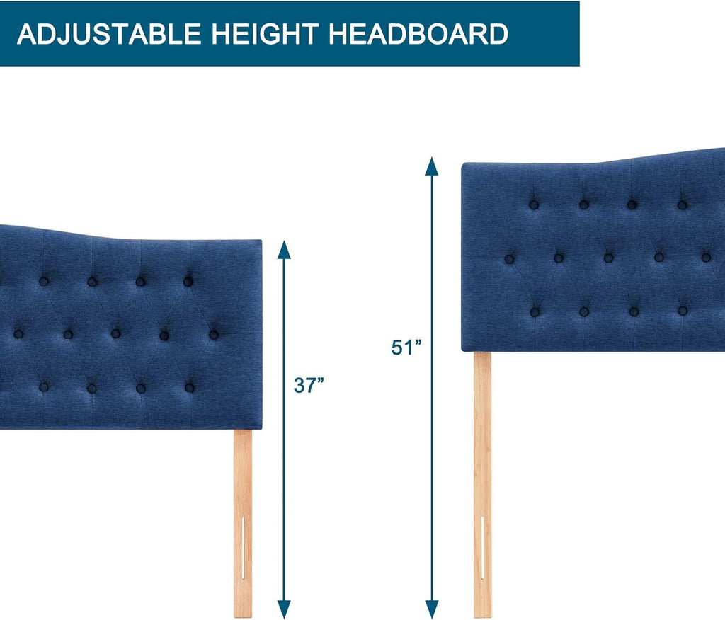 Huatean Home Tufted Upholstered Headboard King Size, Sturdy & Durable Solid Wood Bed headboard, Fabric Headboard Adjustable Height from 37' to 51', Modern Button Diamond Design Head Board, Blue