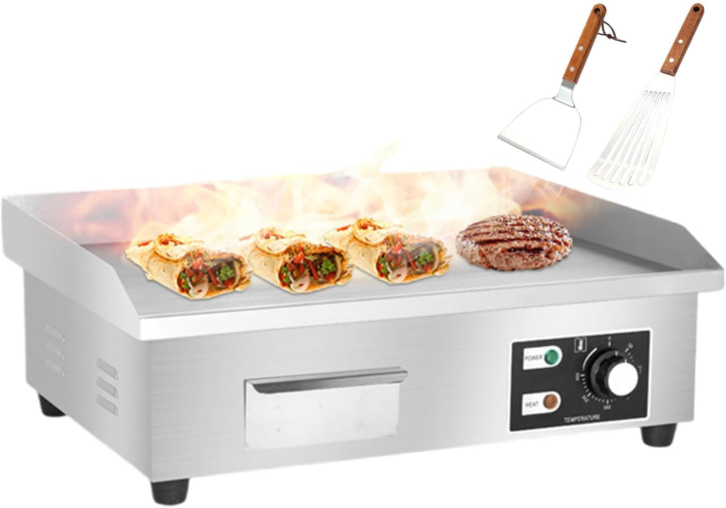 Electric Griddle Stainless Steel Teppanyaki Grill, Electric Hotplate Pancake Baker Machine for Commercial Use or Gatherings, with Raised Baffle & Oil Storage Bo，1500W