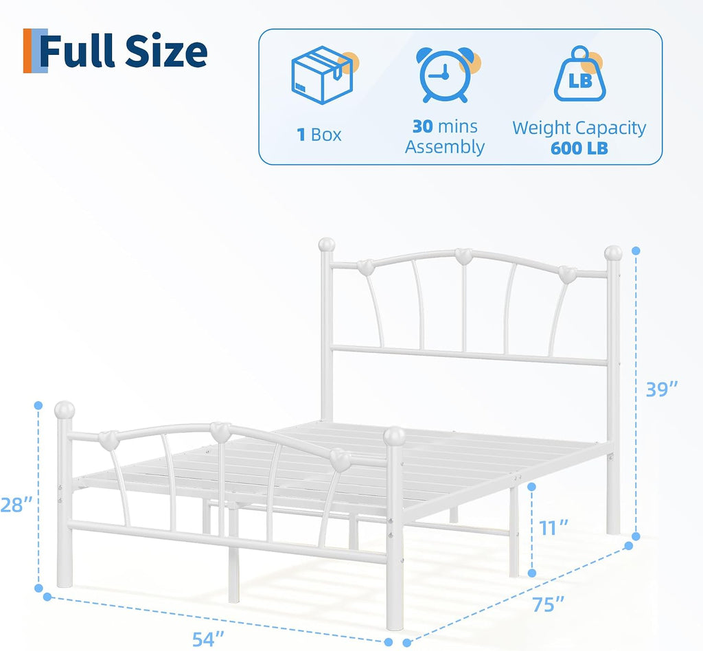 GarveeHome Full Size Bed Frame, Heart Shaped Metal Bed Frame with Headboard and Footboard, Platform Bed Frame with Sturdy Slat Support, Underbed Storage Space, No Box Spring Needed, White