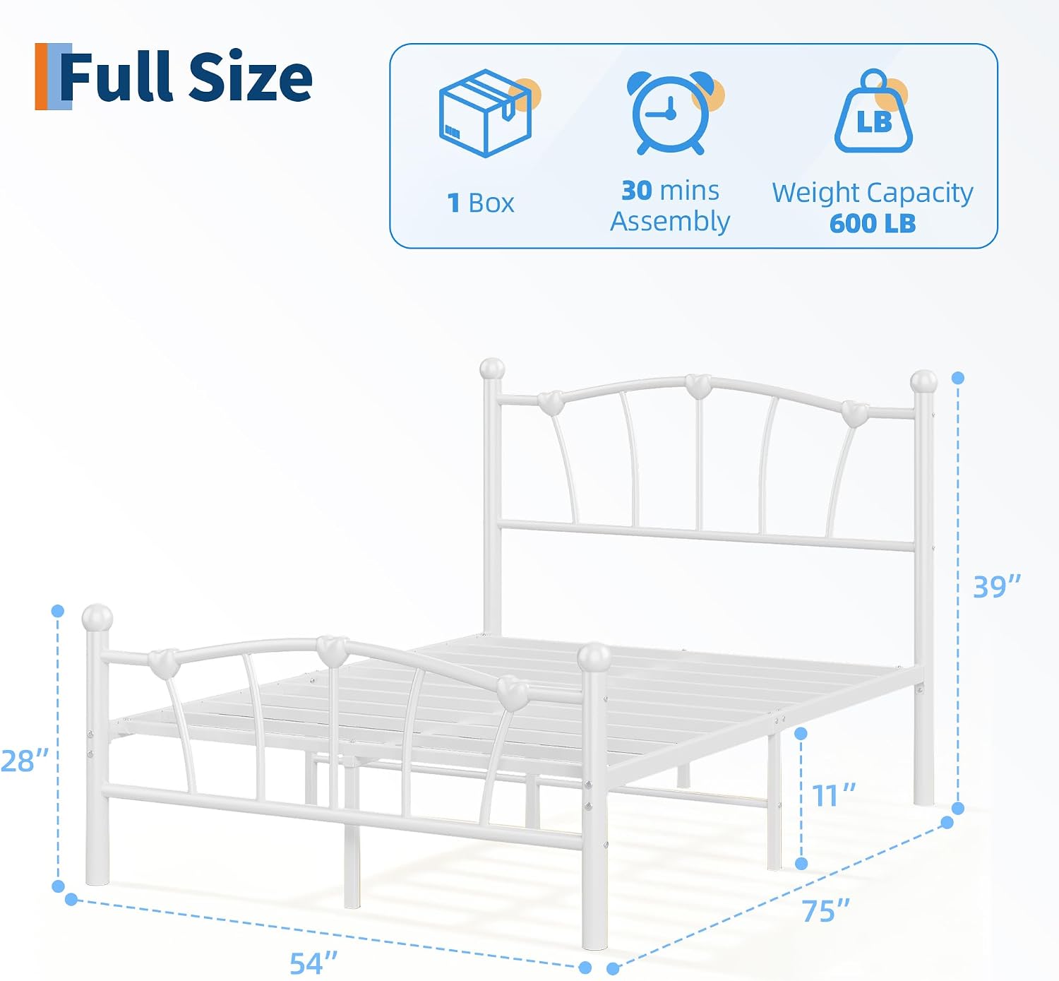GarveeHome Full Size Bed Frame, Heart Shaped Metal Bed Frame with Headboard and Footboard, Platform Bed Frame with Sturdy Slat Support, Underbed Storage Space, No Box Spring Needed, White