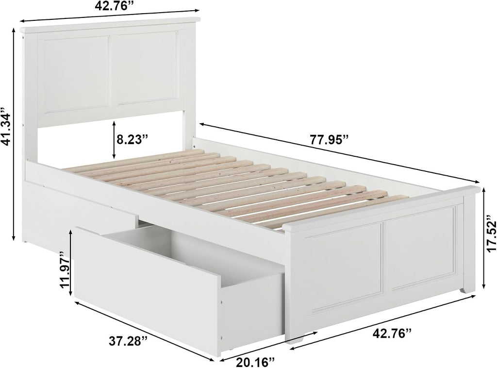 AFI, Madison Twin Platform Bed with Matching Footboard & Storage Drawers, White