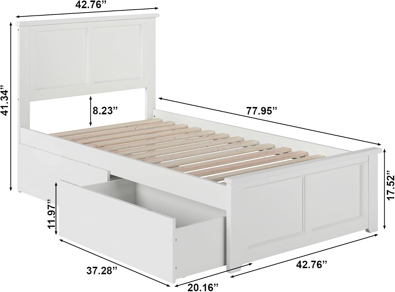 AFI, Madison Twin Platform Bed with Matching Footboard & Storage Drawers, White