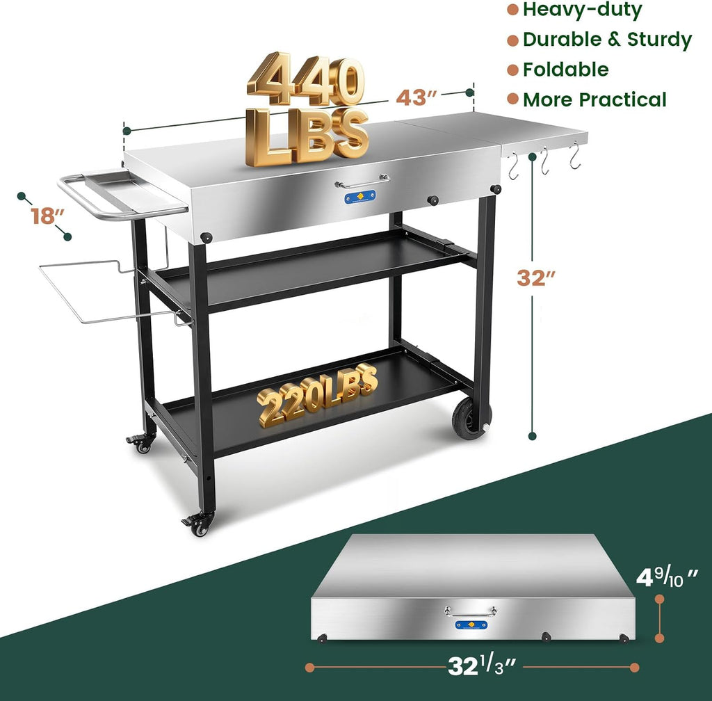 ARC Advanced Royal Champion 43' W x 17' D Stainless Steel Grill Cart Table,Blackstone Griddle Stand,440lbs Grill Table Pizza Oven Stand with Wheels for Ninja Woodfire Grill