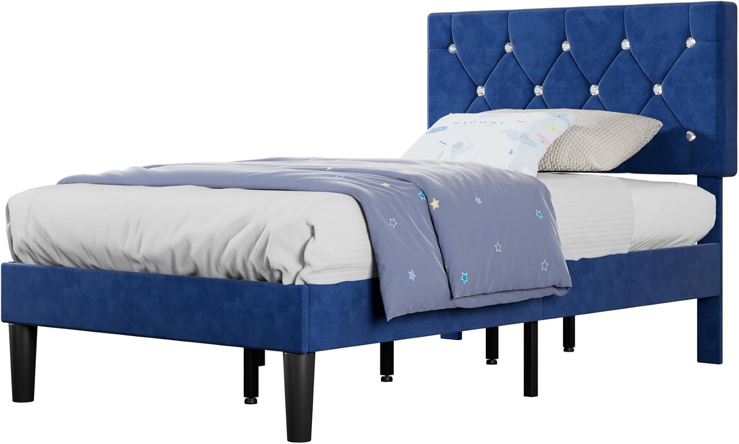 VECELO Twin Size Bed Frame, Upholstered Platform with Adjustable Diamond Tufted Headboard, Wood Slat Support, No Box Spring Needed, Navy Blue