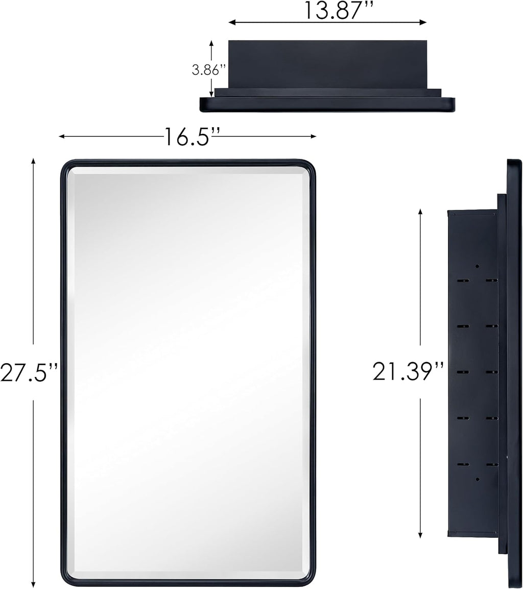 TEHOME Farmhouse Black Metal Framed Recessed Bathroom Medicine Cabinets with Mirror Rounded Rectangle Medicine Cabinet with BeveledMirros,16.5x27.5''