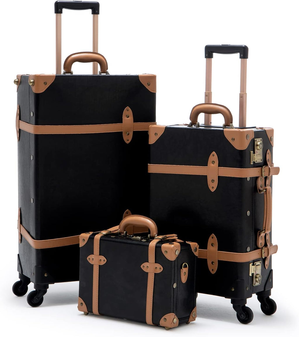 COTRUNKAGE 3 Piece Vintage Luggage Set, Hardside Pu Retro Suitcase with Spinner Wheels for Traveling, Black