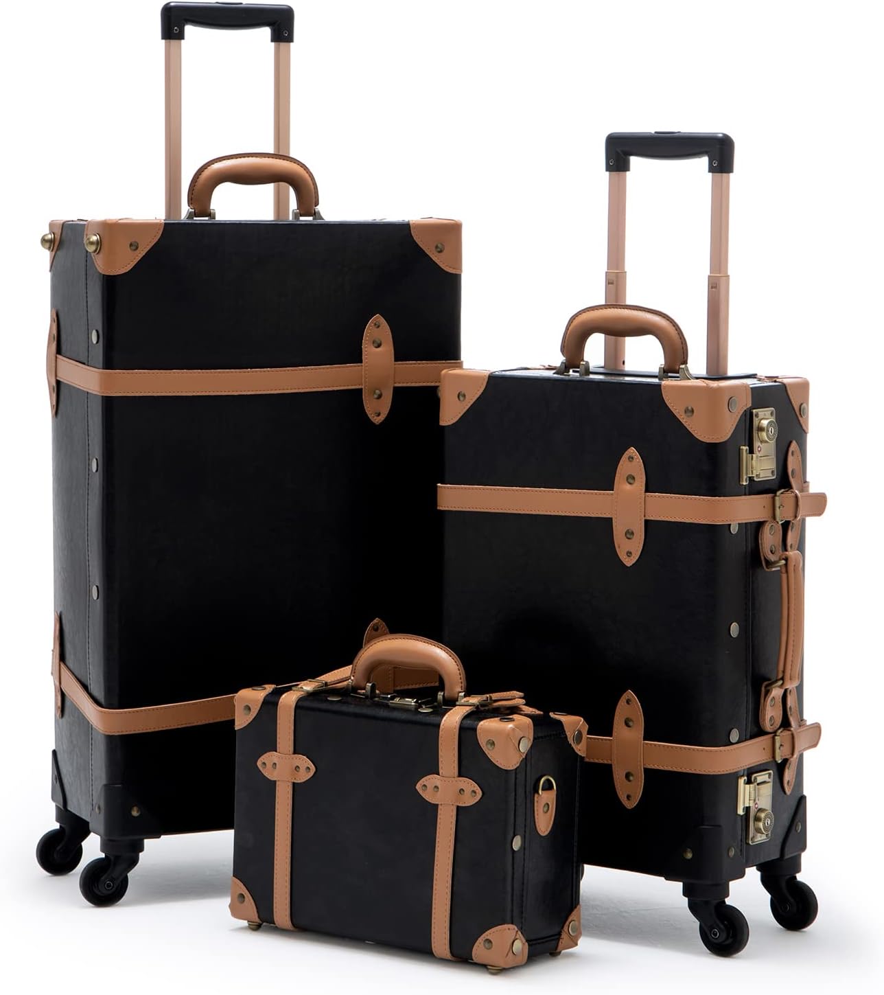 COTRUNKAGE 3 Piece Vintage Luggage Set, Hardside Pu Retro Suitcase with Spinner Wheels for Traveling, Black