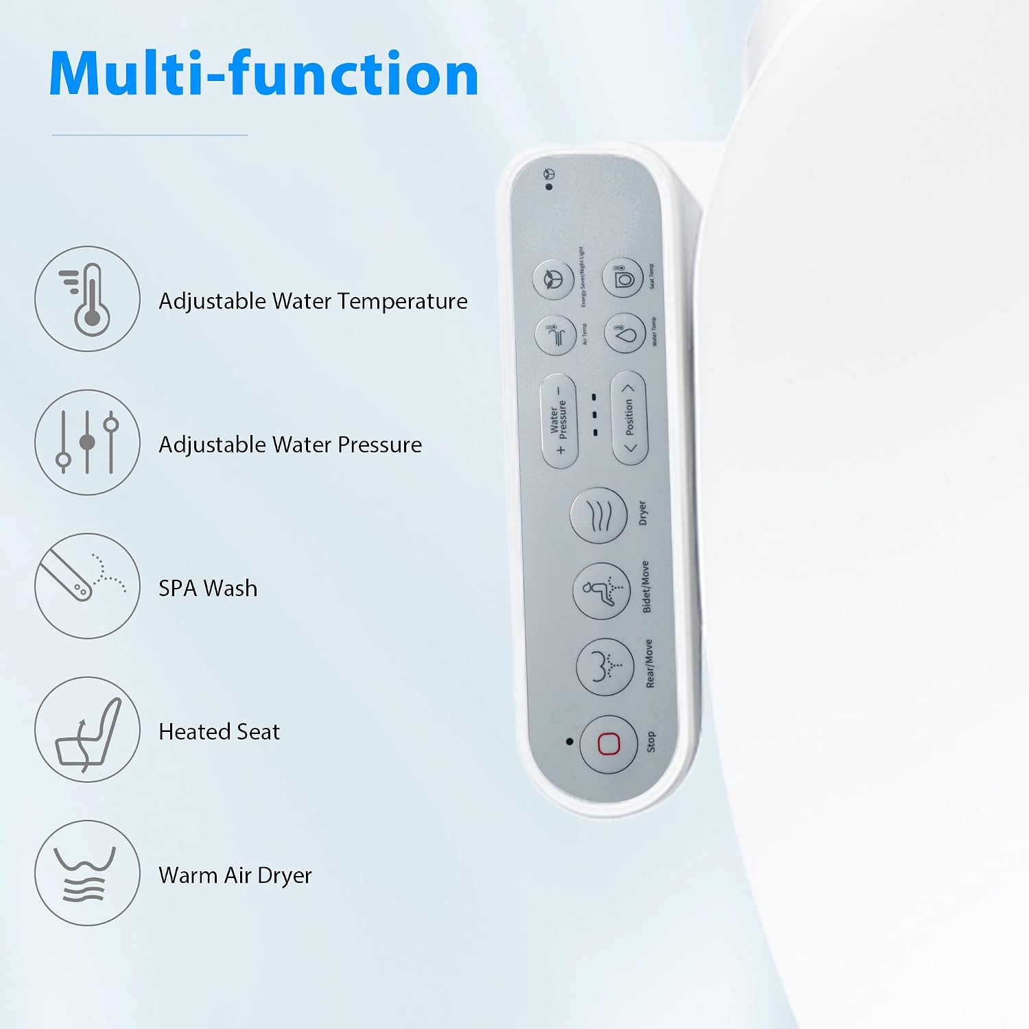 Smart Bidet Toilet Seat with Side Panel, Elongated Toilet Seat with Flush Function, Multiple Spray Patterns, Electronic Heated Bidet Seat with Warm Air Dryer, Back and Front Wash, Nightlight
