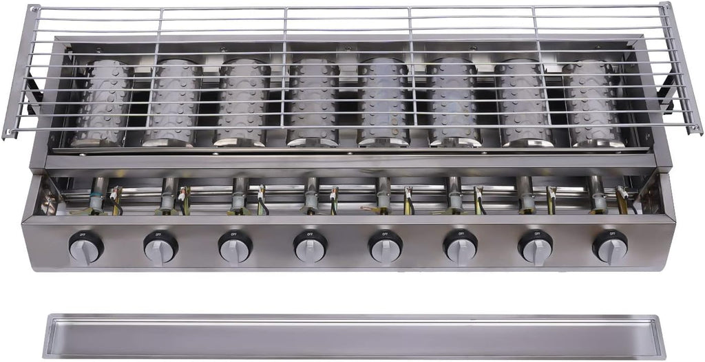 Commercial 8 Burner Gas Countertop Griddle with Smokeless Yakitori Grill, Adjustable Height LPG Propane Indoor Griddle, Removable Grill Net