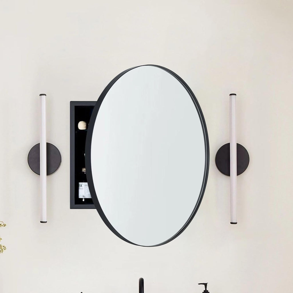 Surface Mount Black Round Circle Bathroom Medicine Cabinet with Mirror Circlular Shaped Stainless Steel Metal Framed Medicine Cabinets Bathroom Cabinet with Mirror 24'' Diameter