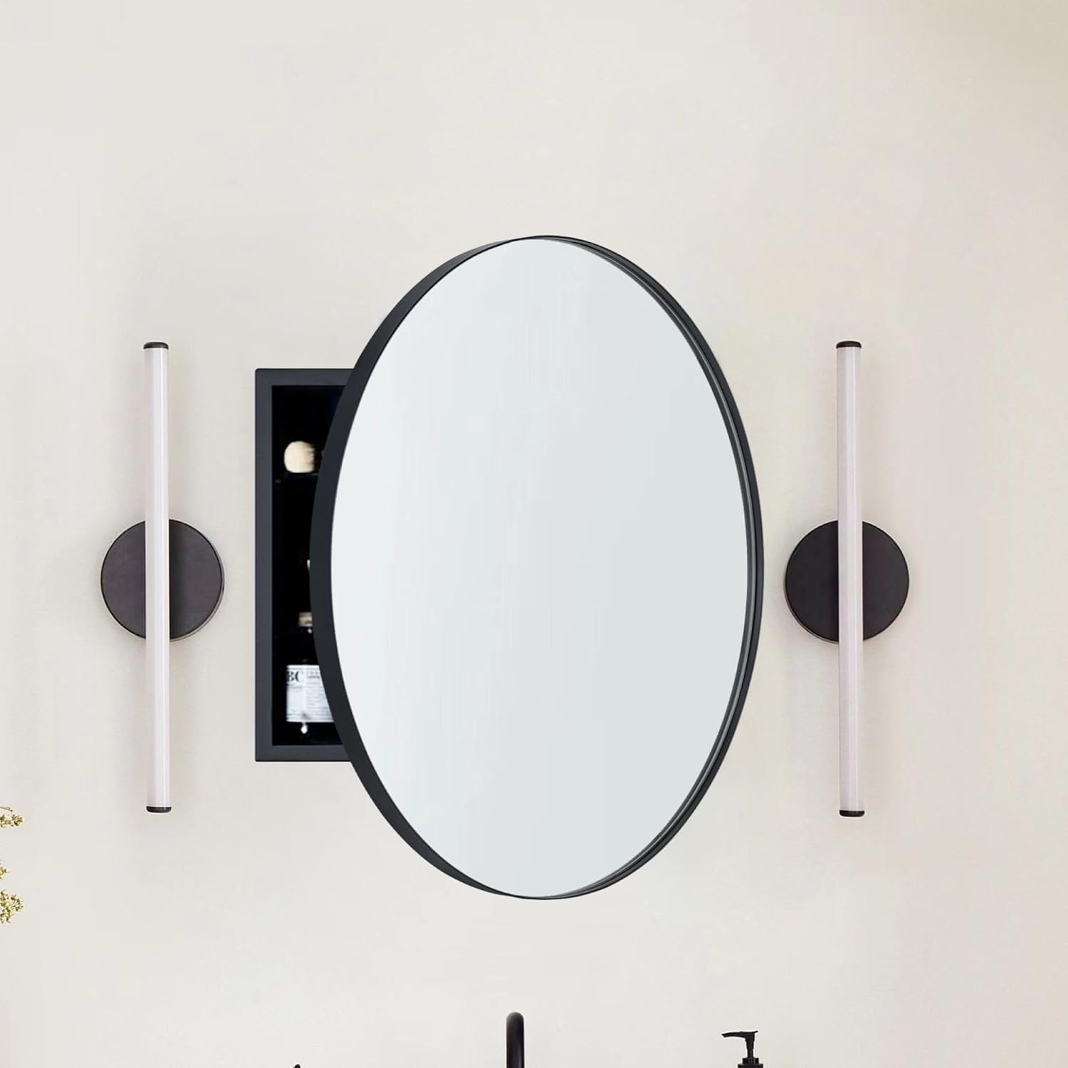 Surface Mount Black Round Circle Bathroom Medicine Cabinet with Mirror Circlular Shaped Stainless Steel Metal Framed Medicine Cabinets Bathroom Cabinet with Mirror 24'' Diameter