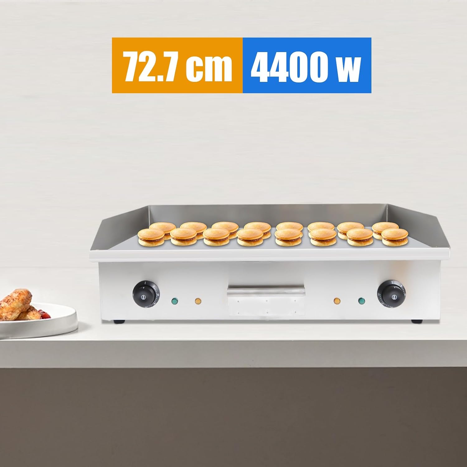 Commercial Electric Griddle, 3kw Electric Countertop Flat Top Grill, Stainless Steel 50-300℃ Adjustable Temperature Control Flat Top Grill with 72.7x40cm Cooking Area, Thermostatic Double Control