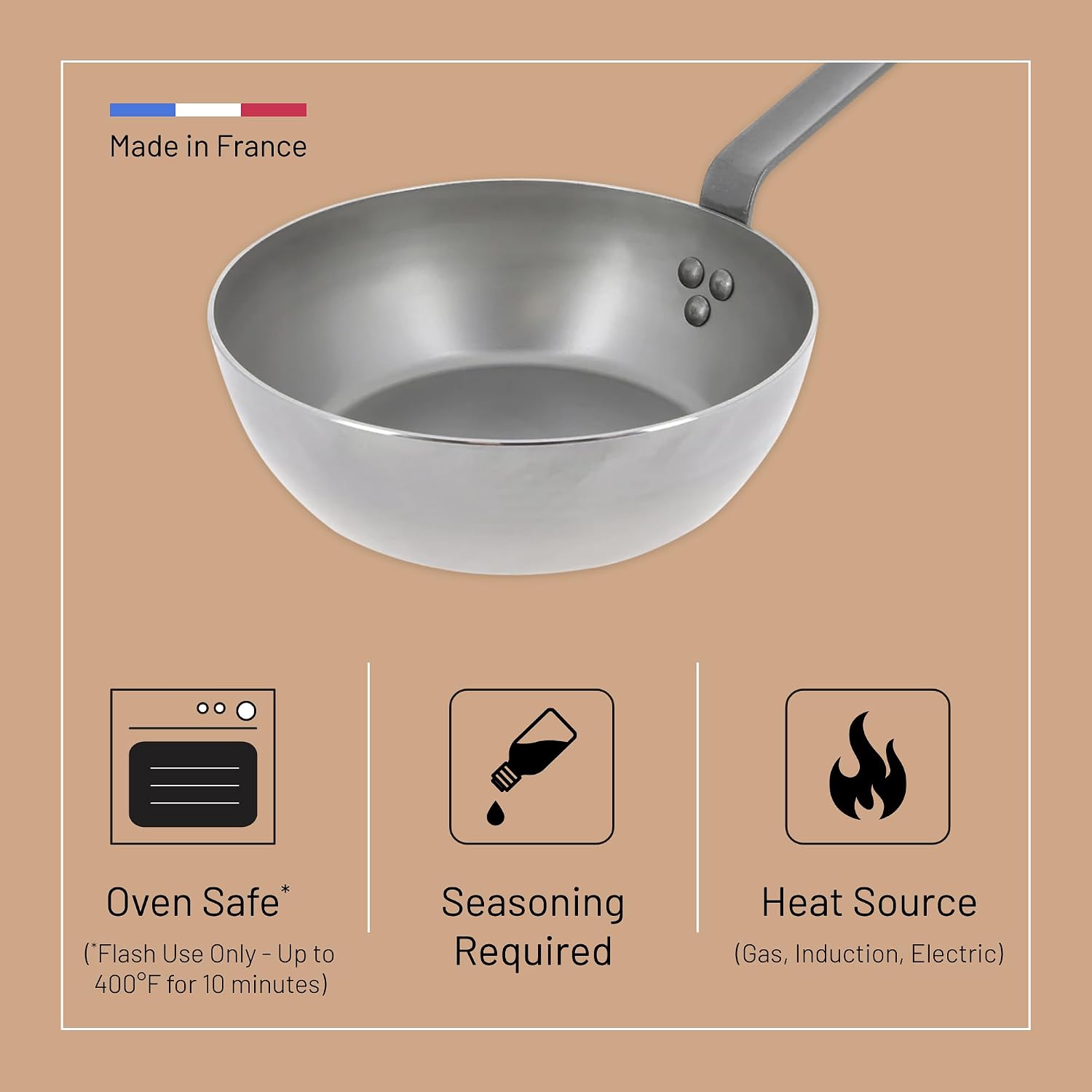 de Buyer MINERAL B Carbon Steel Country Fry Pan - 11' Diameter, 7.7' Cooking Surface - Ideal for Sauteing, Simmering, Deep Frying & Stir Frying - Naturally Non-Stick Finish - Made in France