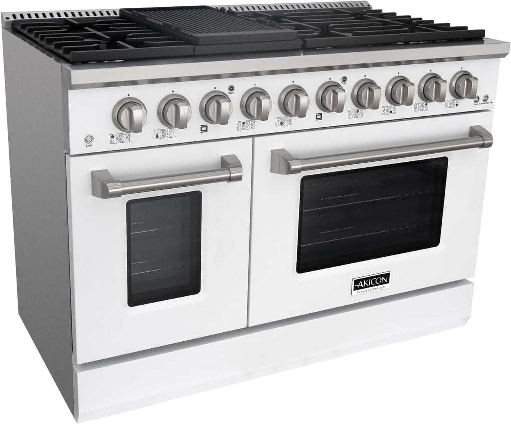 Akicon 48 Inch Freestanding Gas Range - 6.7 cu. ft. Double Rapid Convection Gas Oven Stove with 8 Sealed Burners & a Griddle, Heavy Duty Cast Iron Grates (White & Stainless Steel)