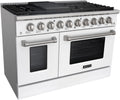 Akicon 48 Inch Freestanding Gas Range - 6.7 cu. ft. Double Rapid Convection Gas Oven Stove with 8 Sealed Burners & a Griddle, Heavy Duty Cast Iron Grates (White & Stainless Steel)
