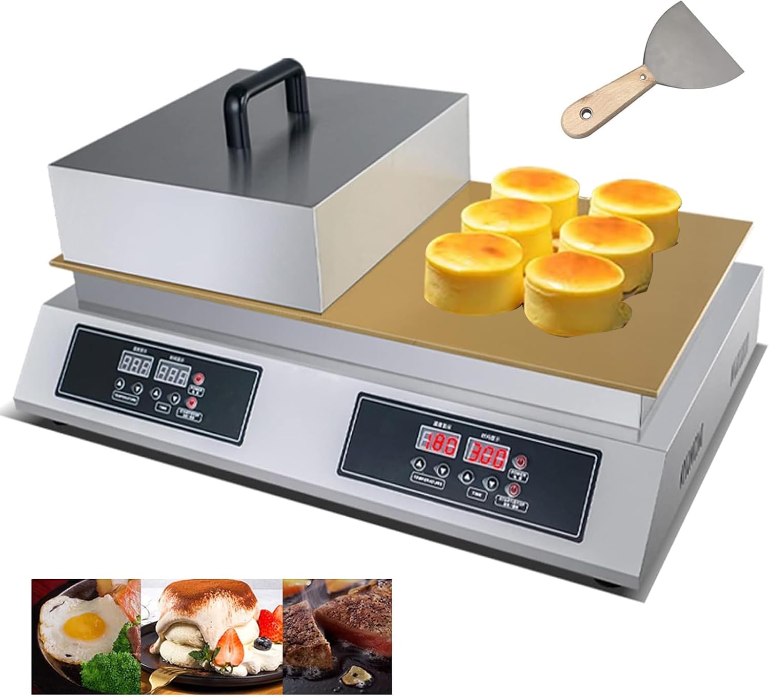 TECHTONGDA 110V Commercial Souffle Machine Souffle Pancake Maker Dorayaki Baker Double Plate Electric Griddle Digital Display Muffin Maker 26.3x13.8in Copper Heating Surface Fluffy Pancakes Machine