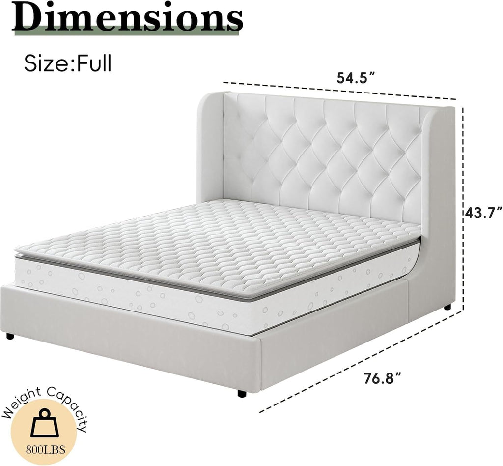 HOMBCK White Full Size Bed Frame, Upholstered Platform Bed Frame with Headboard, Velvet Tufted, Curved Wingback Design, Wooden Slats, No Box Spring, Noise Free, Easy Assembly