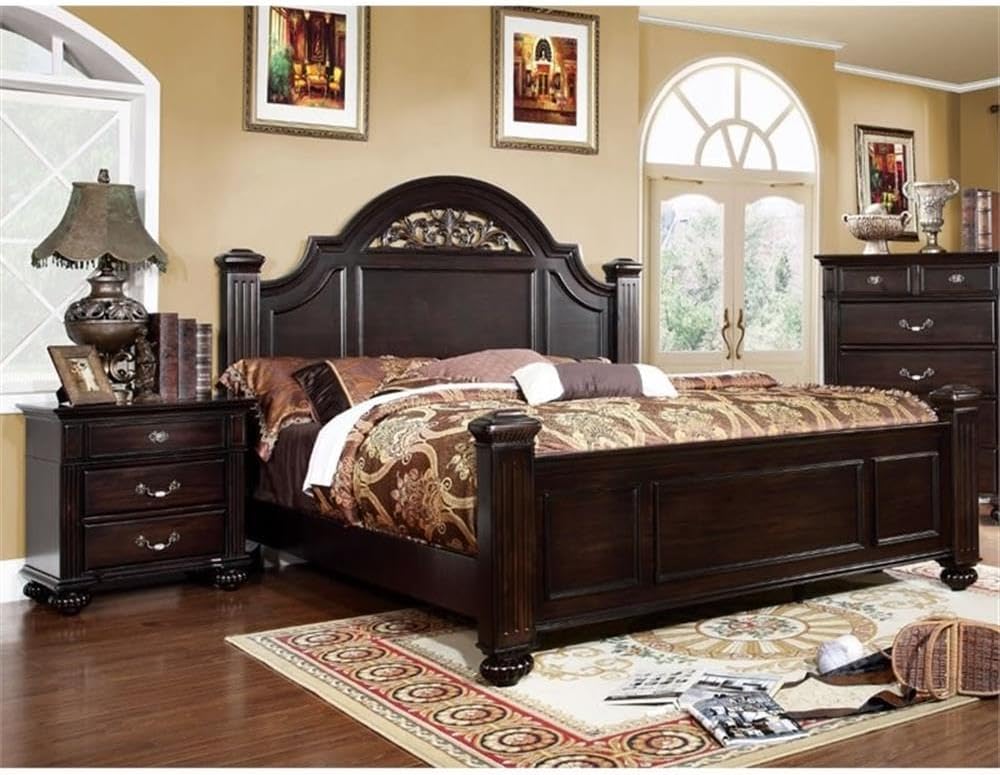 Furniture of America FOA Damos 2pc Dark Walnut Solid Wood Bedroom Set - King + Nightstand