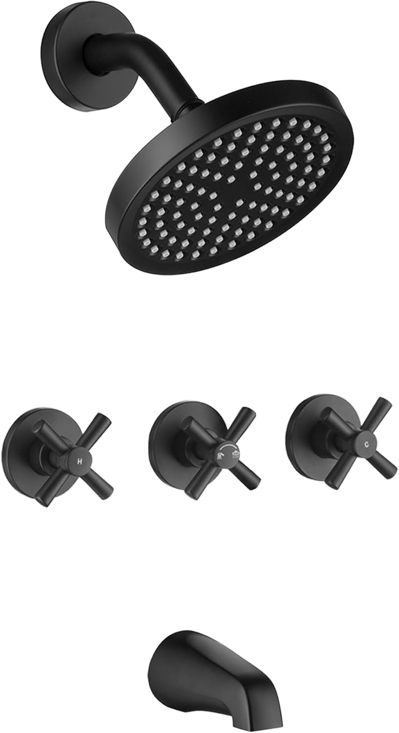 LIWEIKE 3 Handle Tub Shower Faucet, Matte Black Three Handles Shower Faucet Set with Tub and Shower Faucet Combo Rough-in Valve