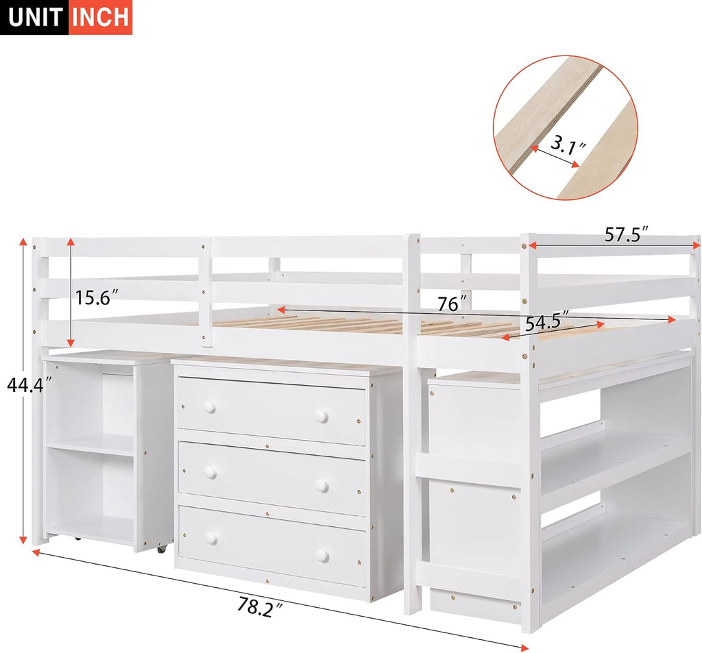 Harper & Bright Designs Full Size Low Loft Bed with Rolling Portable Desk and Storage, Solid Wood Low Loft Bed with Cabinet, Shelves, Multiple Functions Loft Bed Frame for Kids Teens Adults (White)