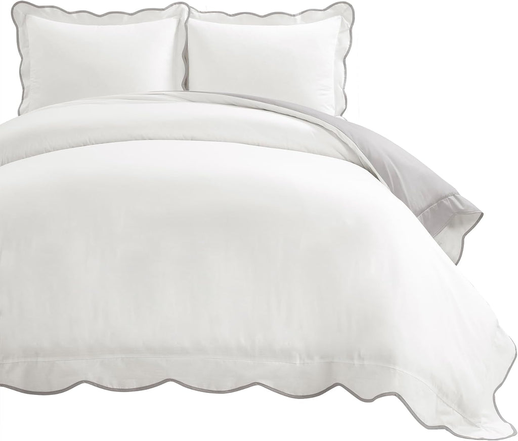 Lush Decor Coastal Chic Scalloped Edge Cotton Duvet Cover Set, 3 Piece Set, King, Gray & White - King Bedding Set - White Duvet Cover King - Coastal Decor