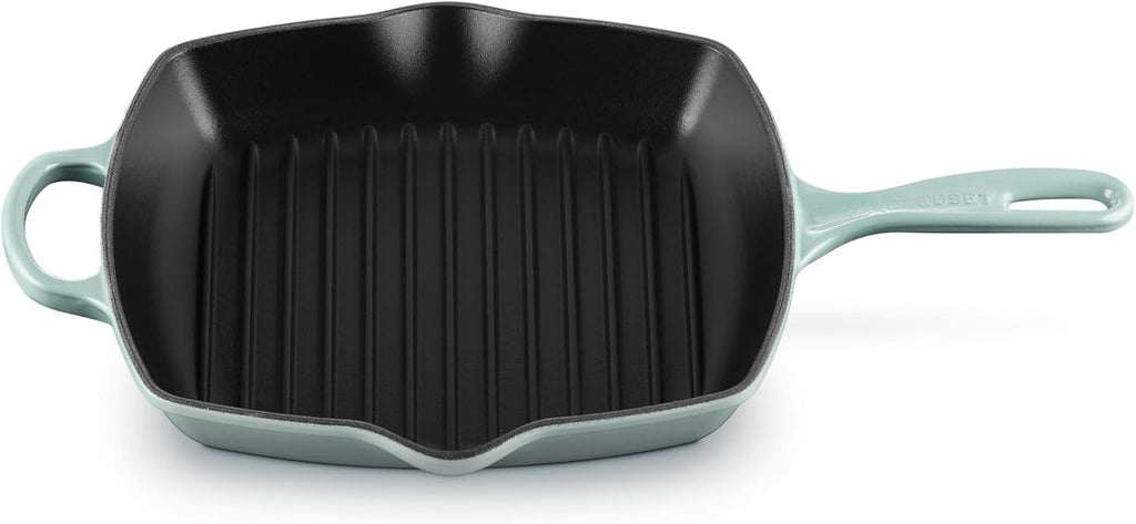 Le Creuset Enameled Cast Iron Signature Square Skillet Grill, 10.25', Sea salt
