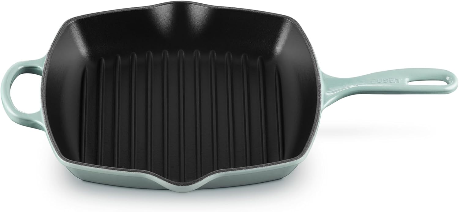 Le Creuset Enameled Cast Iron Signature Square Skillet Grill, 10.25', Sea salt