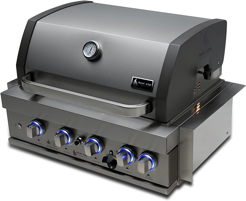 Mont Alpi Premium 32'W x 23'D x 21'H Stainless Steel 4-Burner 63000 BTUs Outdoor Kitchen Kitchen Island Heavy Duty Propane Built-in BBQ Grill Head with Infrared Rear Burner + Rotisserie Kit + Cover