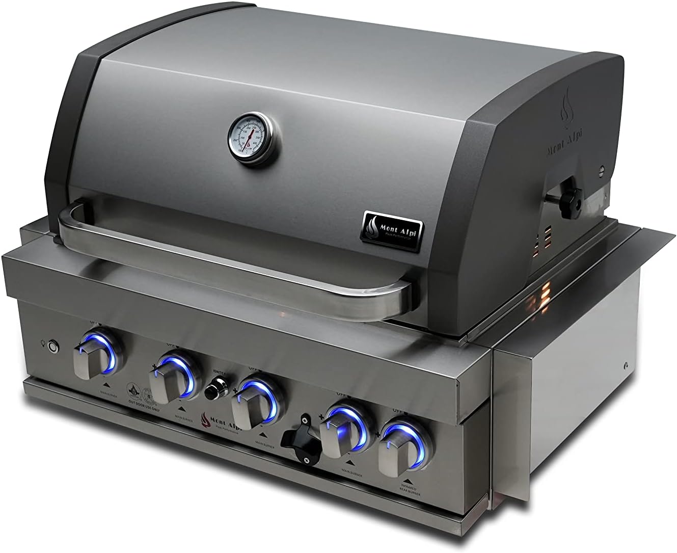 Mont Alpi Premium 32'W x 23'D x 21'H Stainless Steel 4-Burner 63000 BTUs Outdoor Kitchen Kitchen Island Heavy Duty Propane Built-in BBQ Grill Head with Infrared Rear Burner + Rotisserie Kit + Cover