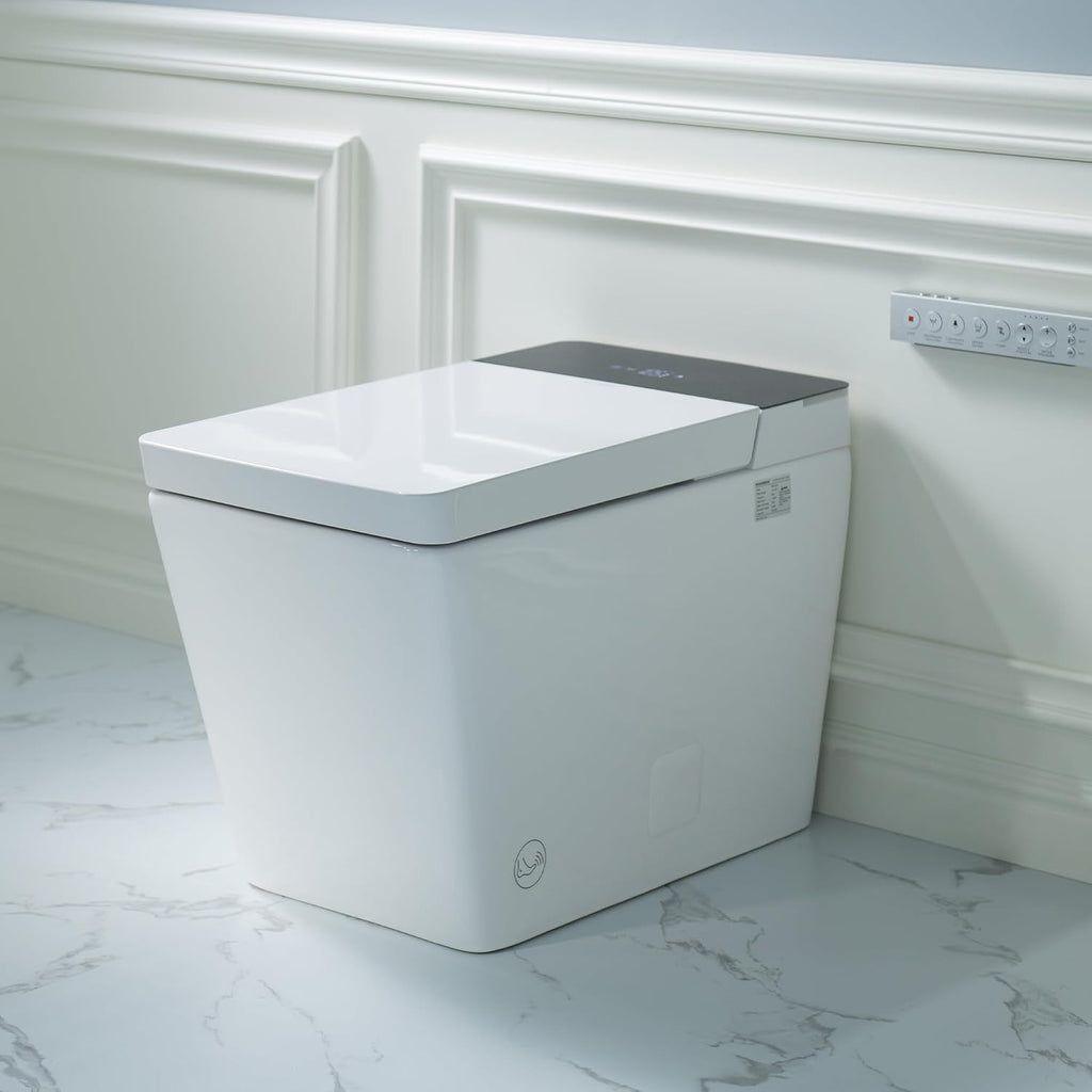 WOODBRIDGE One Piece Square Smart Toilet with with Tank,Auto Open & Close, Foot Sensor, Auto Flush, Multiple Spray Modes, Heated Seat, Warm Water and Air Dryer, Auto LED Nightlight, White