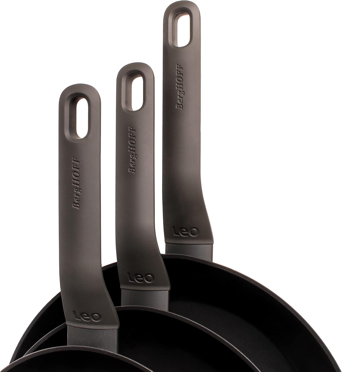 Berghoff LEO 3Pc Non-stick Frying Pan Set 8', 10', 11' Cast Aluminum Ferno-Green, PFOA Free Coating Soft-touch Stay-cool Handle Induction Cooktop Fast Heating, Dark Grey
