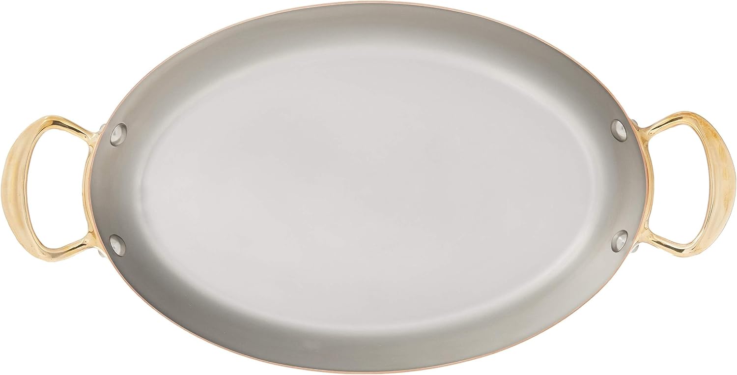 Mauviel M'150 B 1.5mm Polished Copper & Stainless Steel Oval Pan With Brass Handles, 11.8-in, Made in France