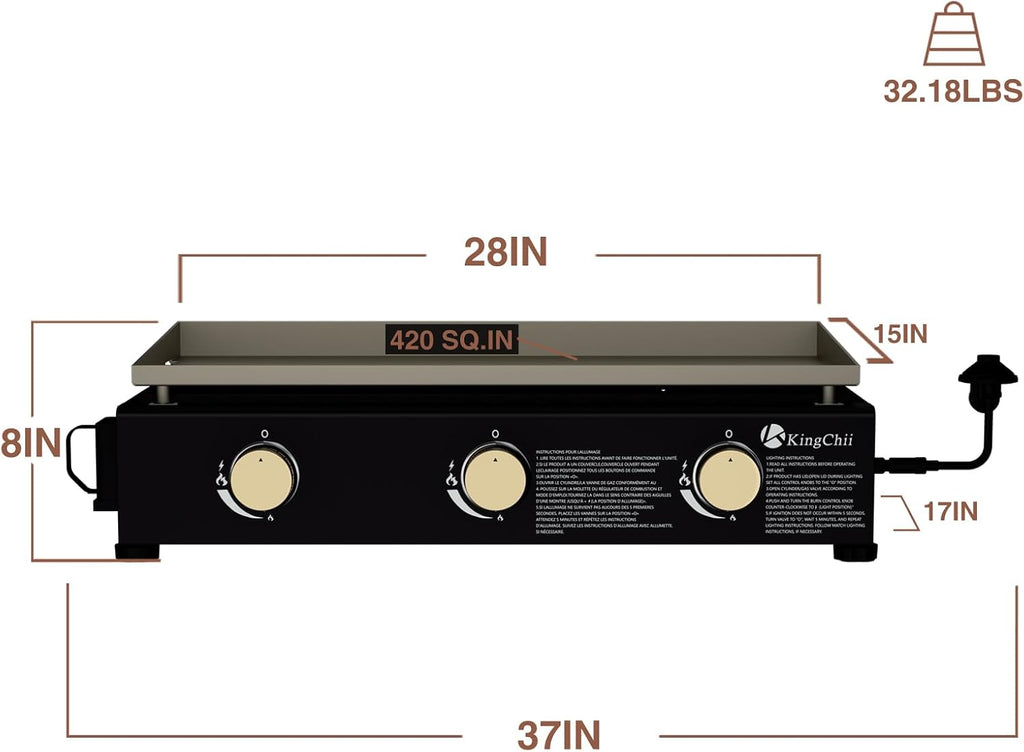 KingChii 28' Tabletop 3-Burner Griddle Portable Gas Grill with Rear Grease Trap, Powder Coated Steel, Black